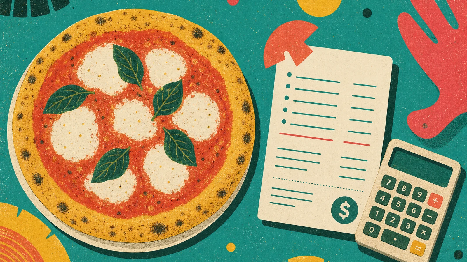 Retro illustration of a Margherita pizza beside a recipe cost card and calculator