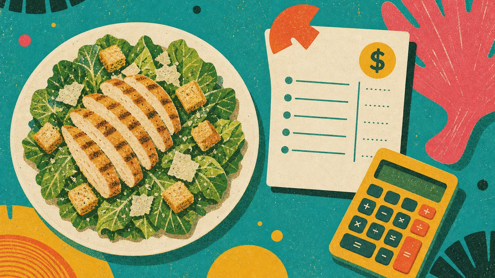 Retro illustration of a grilled chicken Caesar salad beside a recipe cost card and calculator