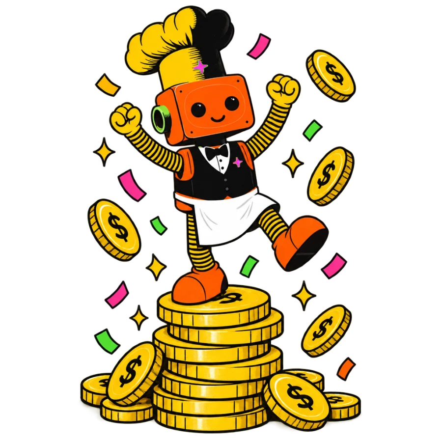 The robot chef celebrating on a stack of gold coins