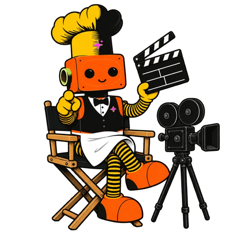 The robot chef in a director's chair holding a clapperboard