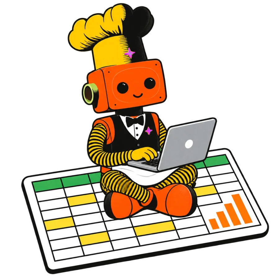 The robot chef typing on a laptop on top of a giant spreadsheet